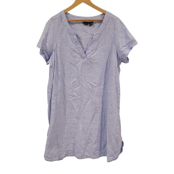 Tahari Shift Dress 100% Linen Blue Short Sleeve V Neck 1X Women Popover Casual - Picture 1 of 5